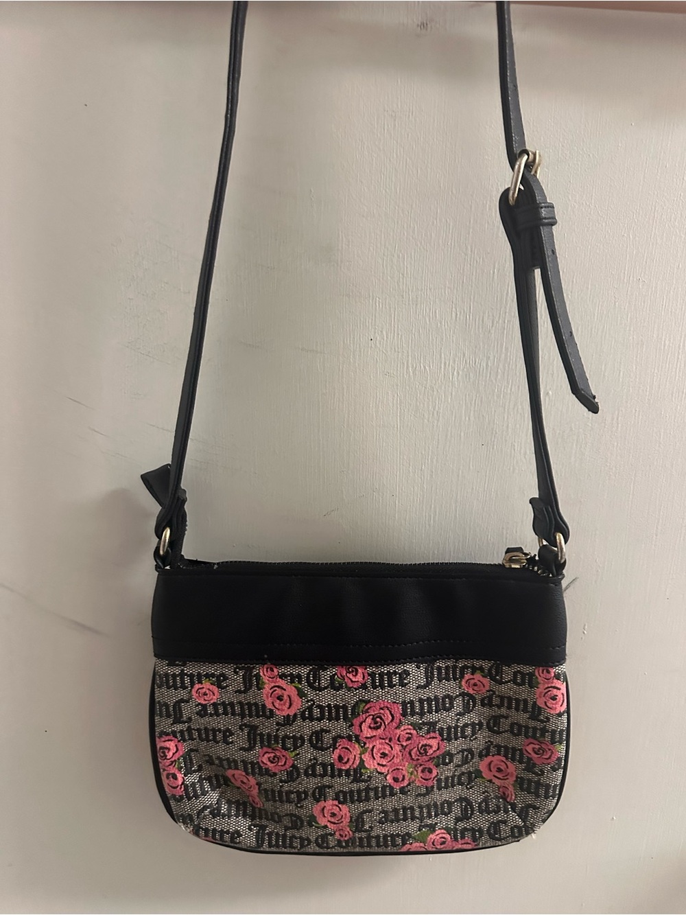 Juicy Couture Black & Pink Rose Logo Crossbody Bag
